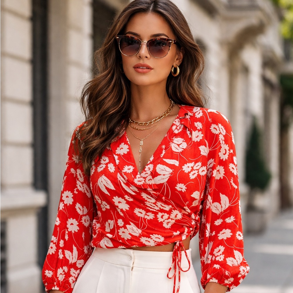 Rixo Red Daisy Sofia Ruffled Silk Wrap Blouse